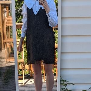 GANNI Heavy Structured Suiting V-Neck Beaded Mini Dress | Wool Blend | Size 42